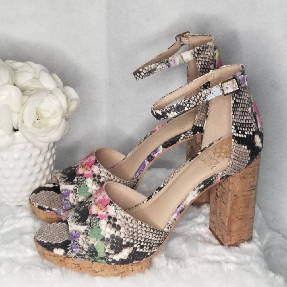 New Vince Camuto Ciesti Snake-Floral Leather Heels